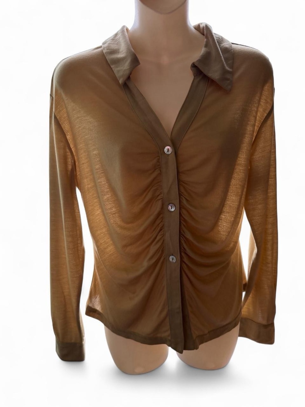 MOTF Beige Ruched Button-Down Shirt - Picture 5 of 7